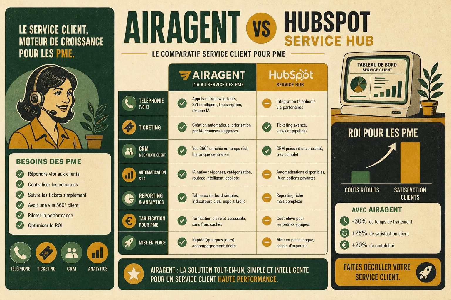 découvrez une comparaison détaillée entre airagent et hubspot service hub pour aider les pme à choisir la solution idéale de gestion de la relation client.