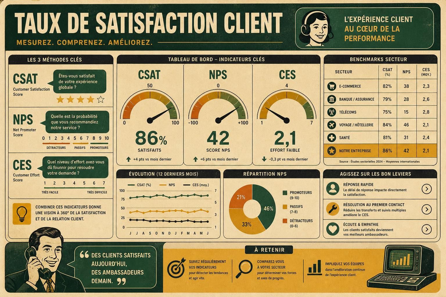 découvrez comment calculer le taux de satisfaction client et explorez les benchmarks par secteur pour améliorer l'expérience client et fidéliser votre clientèle.