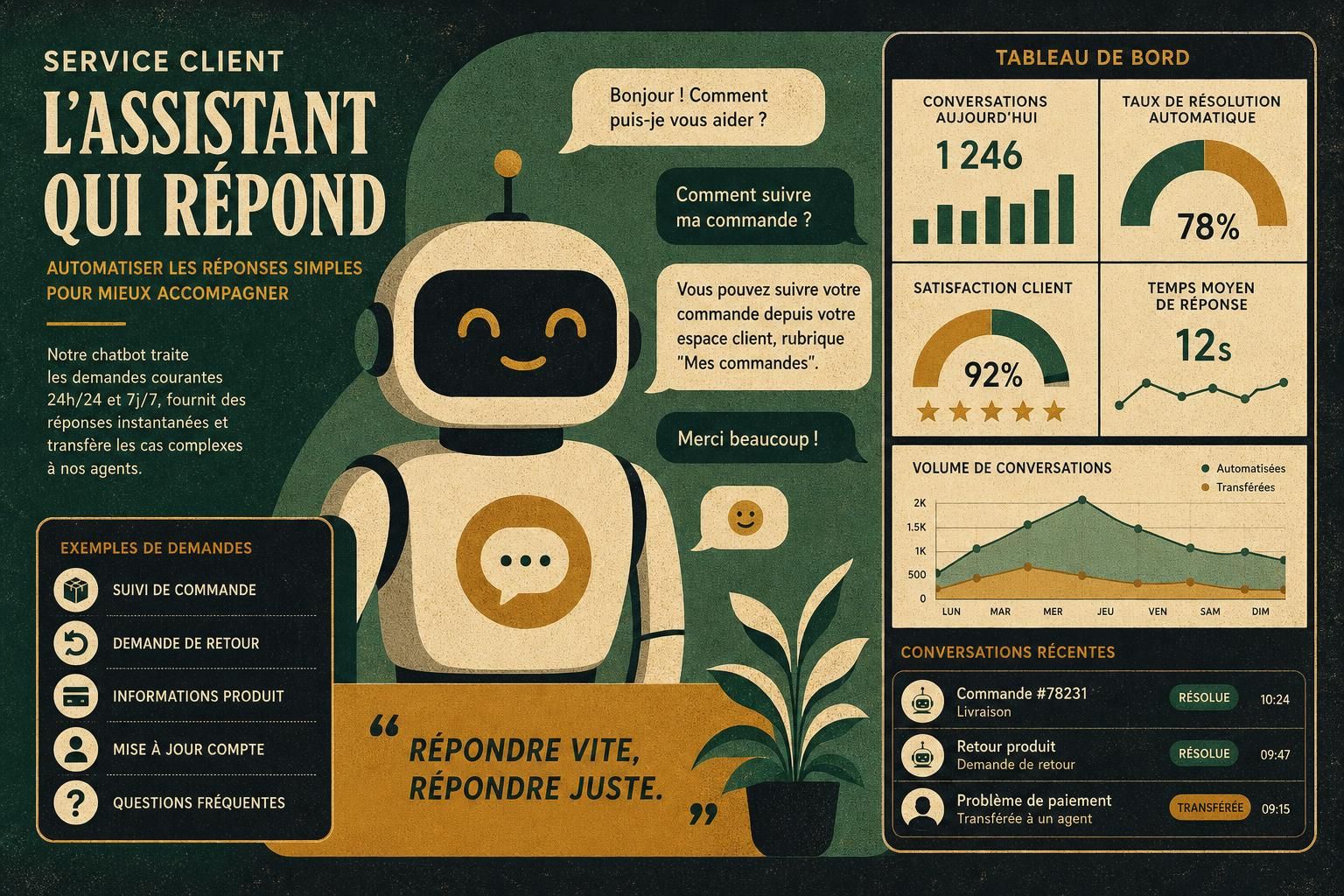 optimisez votre service client avec un chatbot capable d'automatiser les réponses simples, offrant une assistance rapide et disponible 24/7 pour améliorer la satisfaction de vos clients.